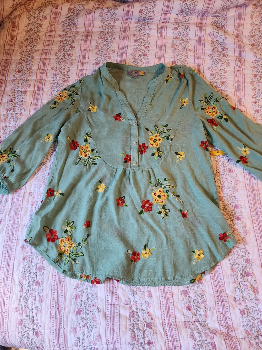 Embroidered Sage Green Floral Peasant Top